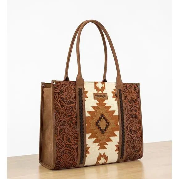 Wrangler Knitted Southwest Tapestry & Tooled Large Brown Tote Bag *NEW w/ Tags* - Picture 2 of 6